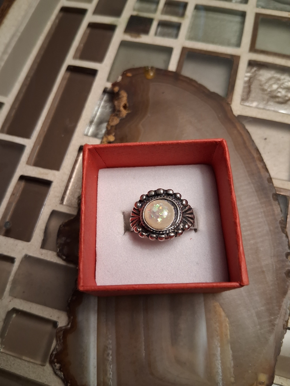 Opal Accent Sterling-Style Ring in Silver Tone